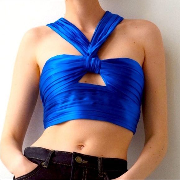 New Zara Blue Cut Out Draped Top - Picture 5 of 11